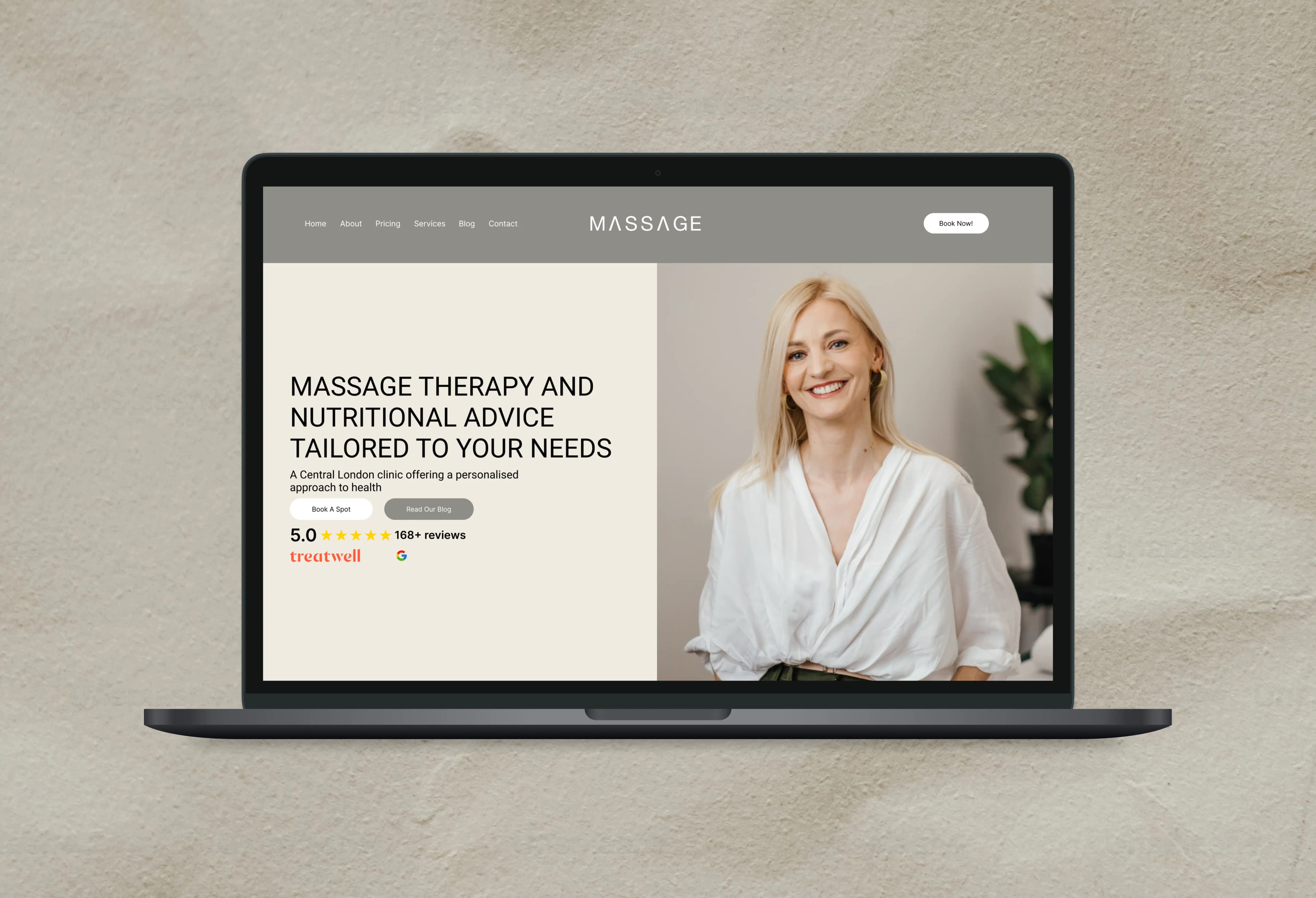 Marta's Massage website design showcasing a serene, user-friendly interface and soothing color palette.